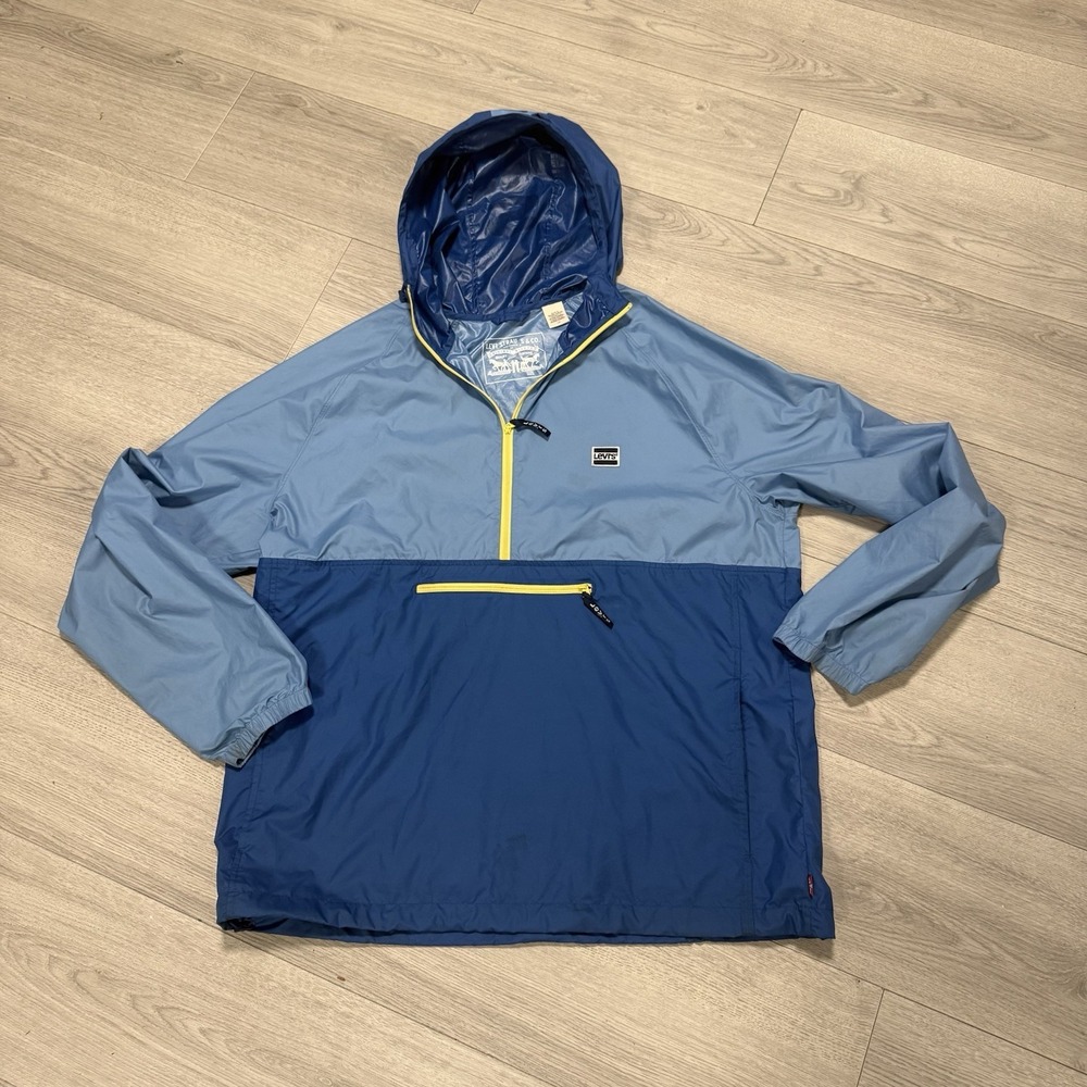 Levis Sportswear Mens Anorak Windbreaker Blue Yellow Zip Pouch Jacket L